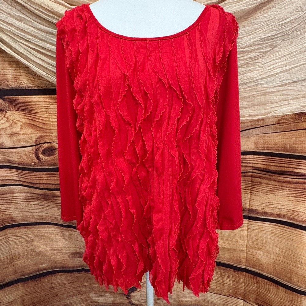Notations Womens Long Sleeve Red Ruffled Front Pullover Top Size‎ L
